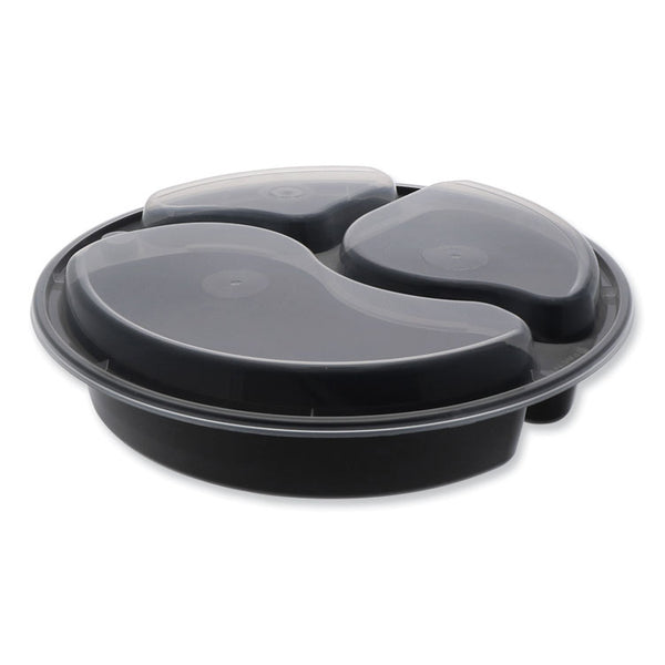 Pactiv Evergreen Newspring VERSAtainer Microwavable Containers, Round, 3-Compartment, 39 oz, 9 x 9 x 2.25, Black/Clear, Plastic, 150/Carton (PCTNC9388B) Case of 150