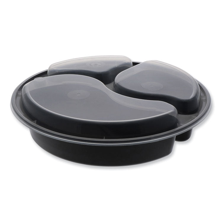 Pactiv Evergreen Newspring VERSAtainer Microwavable Containers, Round, 3-Compartment, 39 oz, 9 x 9 x 2.25, Black/Clear, Plastic, 150/Carton (PCTNC9388B) Case of 150