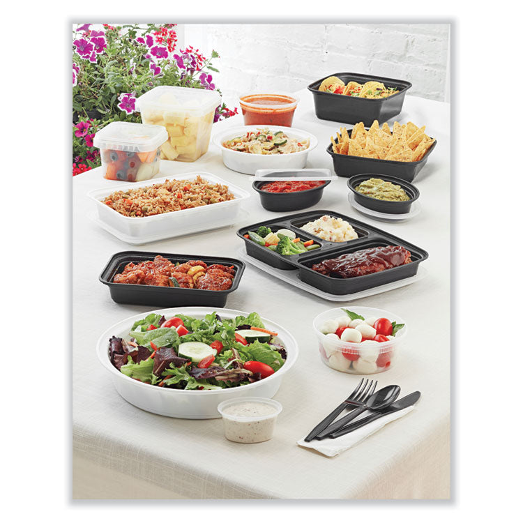 Pactiv Evergreen Newspring VERSAtainer Microwavable Containers, Round, 3-Compartment, 39 oz, 9 x 9 x 2.25, Black/Clear, Plastic, 150/Carton (PCTNC9388B) Case of 150