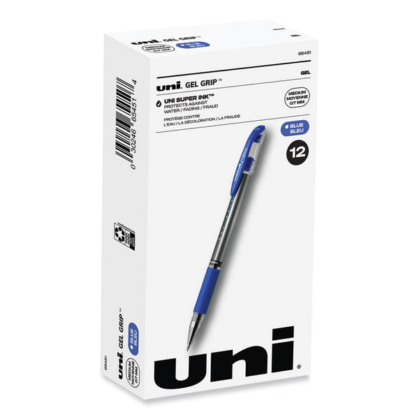 uniball® Signo GRIP Gel Pen, Stick, Medium 0.7 mm, Blue Ink, Clear/Blue/Silver Barrel, Dozen (UBC65451) 1 Dozen