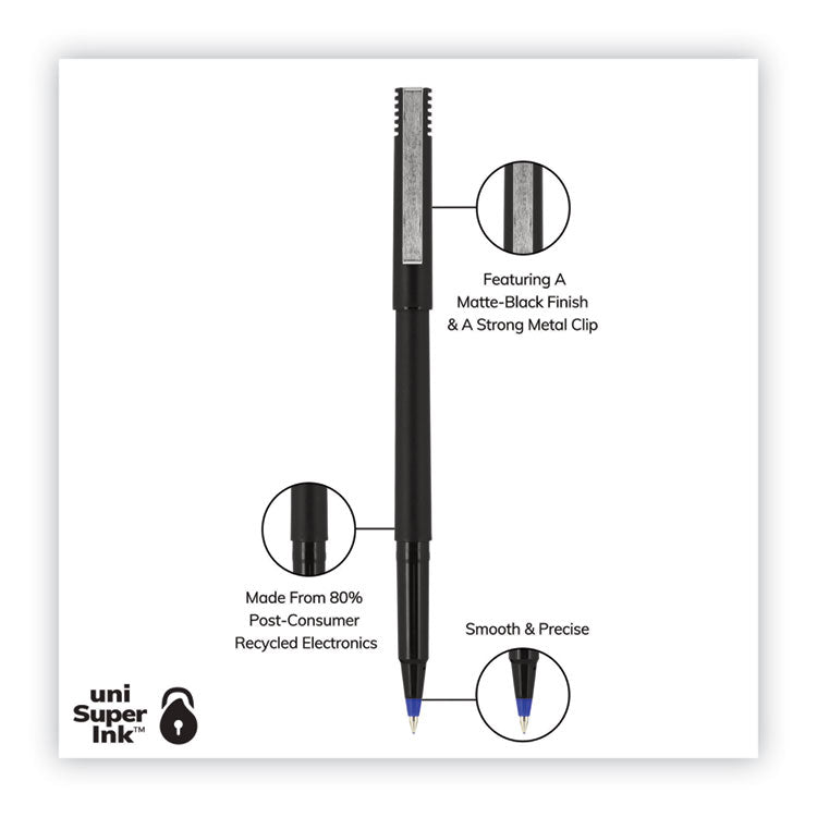 uniball® Roller Ball Pen, Stick, Extra-Fine 0.5 mm, Blue Ink, Black/Blue Barrel, 72/Pack (UBC2013566) Pack of 72