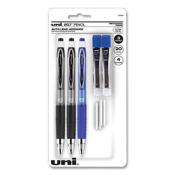 uniball® 207 Mechanical Pencils with Tube of Lead/Erasers, 0.7 mm, HB (#2), Black Lead, Assorted Barrel Colors, 3 Pencils/Set (UBC70139)