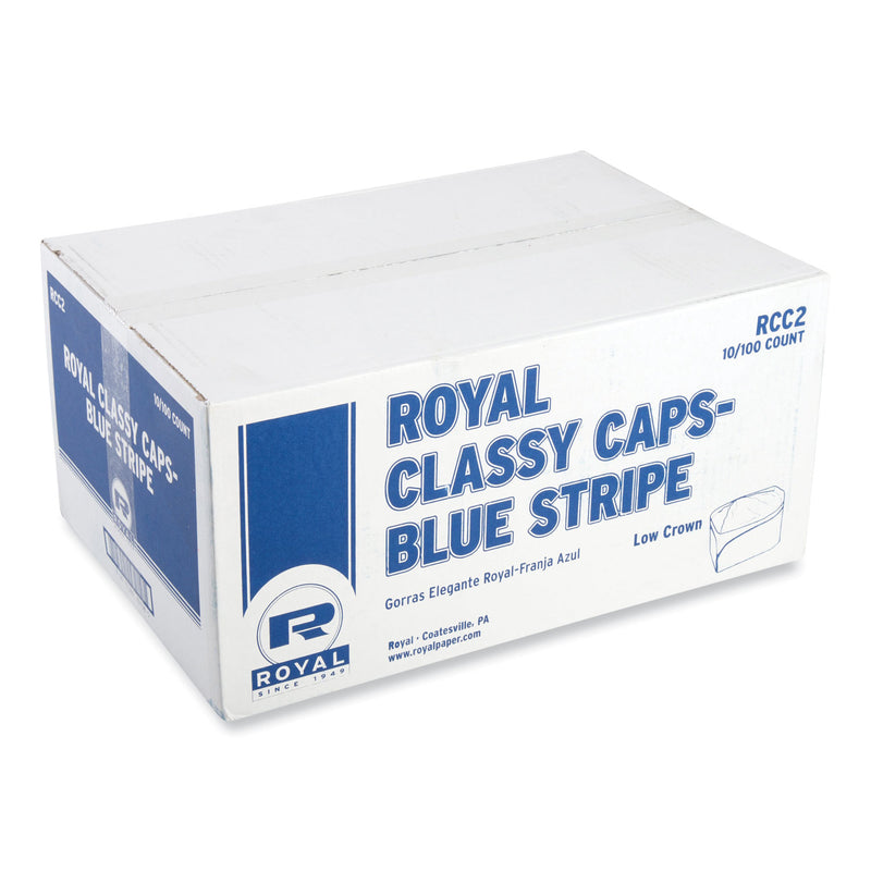 Classy Cap, Crepe Paper, Adjustable, One Size Fits All, White/Blue Stripe, 100 Caps/Pack, 10 Packs/Carton (RPPRCC2) Case of 1000