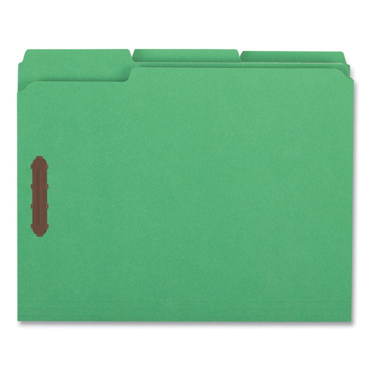 Universal® Deluxe Reinforced Top Tab Fastener Folders, 0.75" Expansion, 2 Fasteners, Letter Size, Green Exterior, 50/Box (UNV13522) Box of 50
