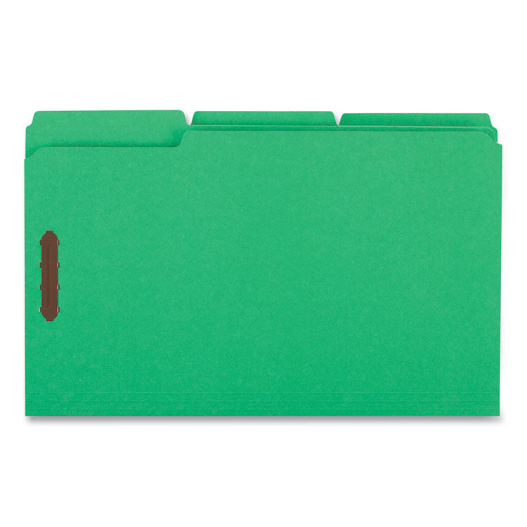 Universal® Deluxe Reinforced Top Tab Fastener Folders, 0.75" Expansion, 2 Fasteners, Legal Size, Green Exterior, 50/Box (UNV13526)