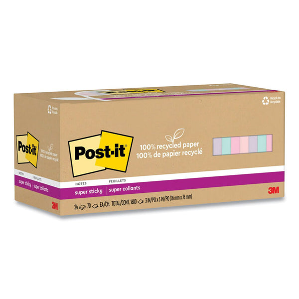 Post-it® Notes Super Sticky 100% Recycled Paper Super Sticky Notes, 3" x 3", Wanderlust Pastels, 70 Sheets/Pad, 24 Pads/Pack (MMM654R24SSNRP)