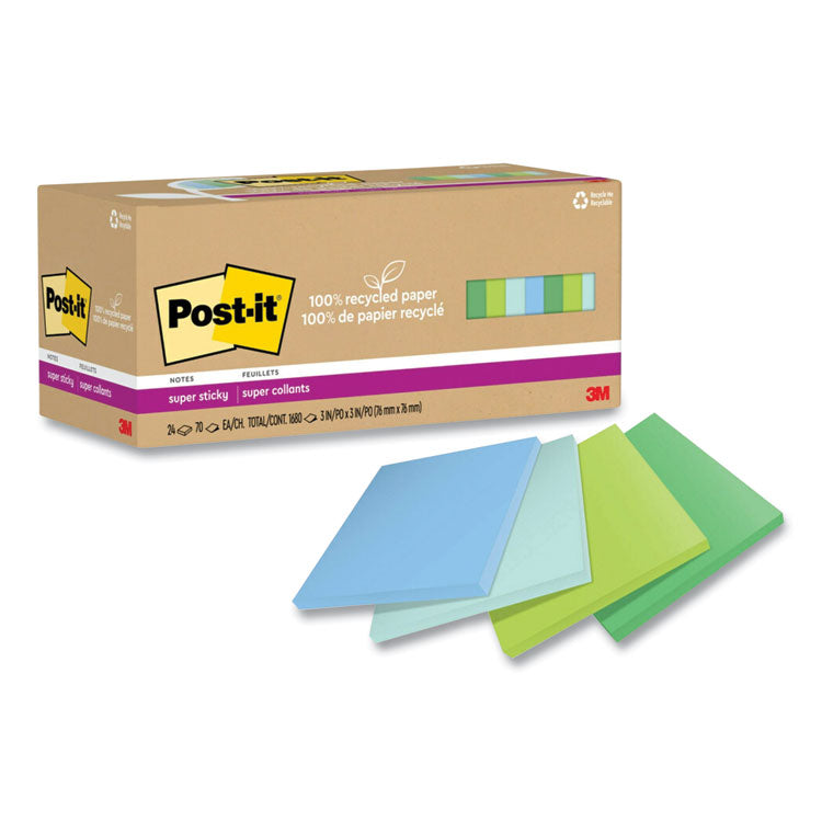 Post-it® Notes Super Sticky 100% Recycled Paper Super Sticky Notes, 3" x 3", Oasis, 70 Sheets/Pad, 24 Pads/Pack (MMM654R24SSTCP) Pack of 24