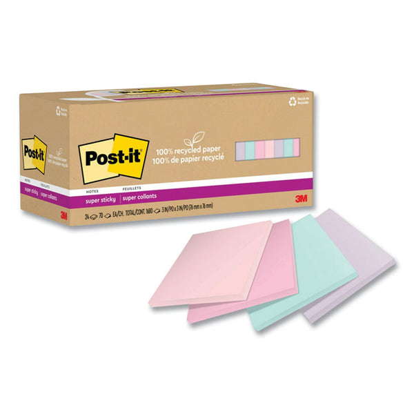 Post-it® Notes Super Sticky 100% Recycled Paper Super Sticky Notes, 3" x 3", Wanderlust Pastels, 70 Sheets/Pad, 24 Pads/Pack (MMM654R24SSNRP)