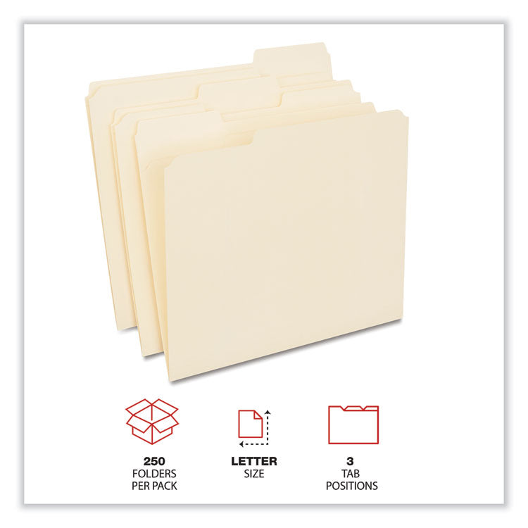 Universal® Reinforced Top Tab File Folders, 1/3-Cut Tabs: Assorted, Letter Size, 0.75" Expansion, Manila, 250/Carton (UNV18102) Case of 250