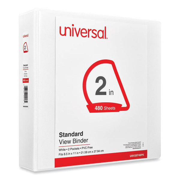 Universal® Slant D-Ring View Binder, 3 Rings, 2" Capacity, 11 x 8.5, White, 4/Pack (UNV20746PK)