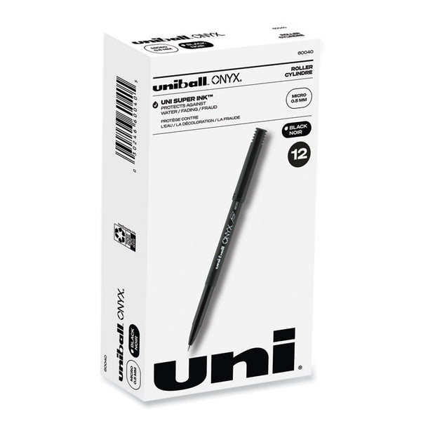 uniball® ONYX Roller Ball Pen, Stick, Extra-Fine 0.5 mm, Black Ink, Black Barrel, Dozen (UBC60040)