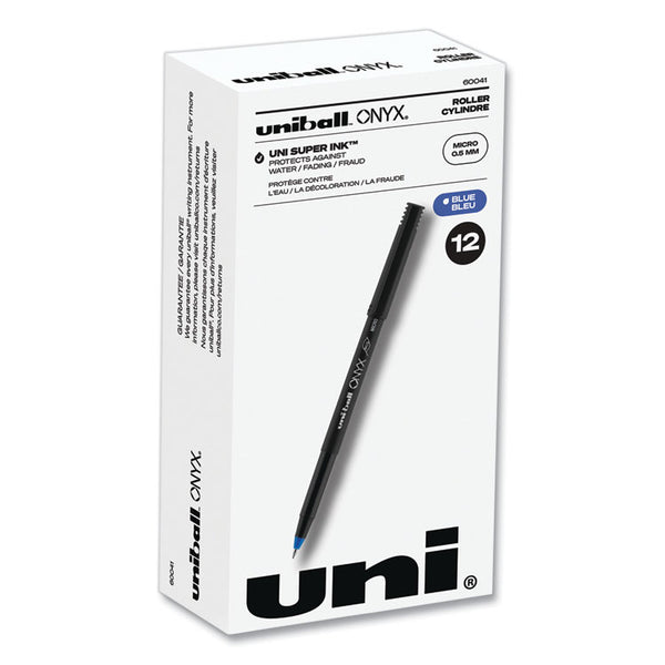 uniball® ONYX Roller Ball Pen, Stick, Extra-Fine 0.5 mm, Blue Ink, Black/Blue Barrel, Dozen (UBC60041)