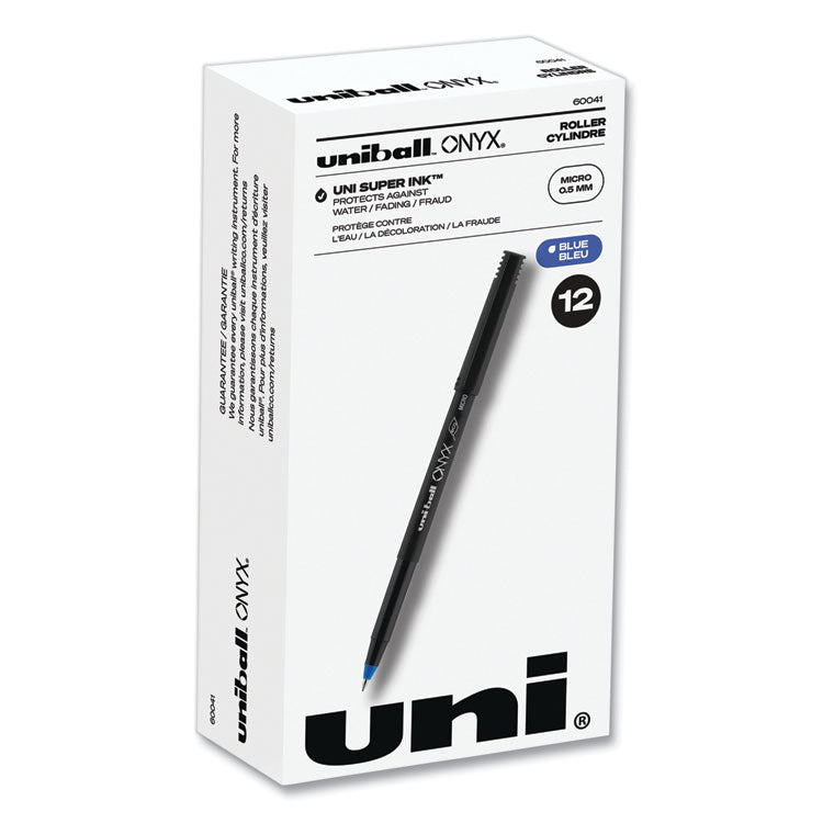 uniball® ONYX Roller Ball Pen, Stick, Extra-Fine 0.5 mm, Blue Ink, Black/Blue Barrel, Dozen (UBC60041) 1 Dozen