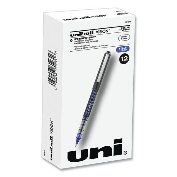 uniball® VISION Roller Ball Pen, Stick, Extra-Fine 0.5 mm, Blue Ink, Gray/Blue/Clear Barrel, Dozen (UBC60108) 1 Dozen