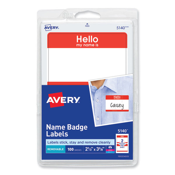 Avery® Printable Self-Adhesive Name Badges, 2 1/3 x 3 3/8, Red "Hello", 100/Pack (AVE5140)