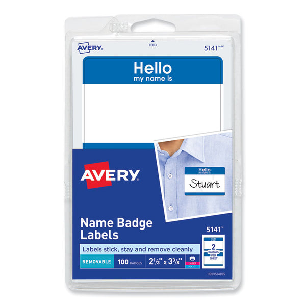 Avery® Printable Adhesive Name Badges, 3.38 x 2.33, Blue "Hello", 100/Pack (AVE5141)