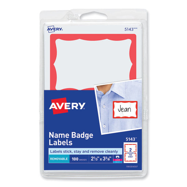 Avery® Printable Adhesive Name Badges, 3.38 x 2.33, Red Border, 100/Pack (AVE5143)