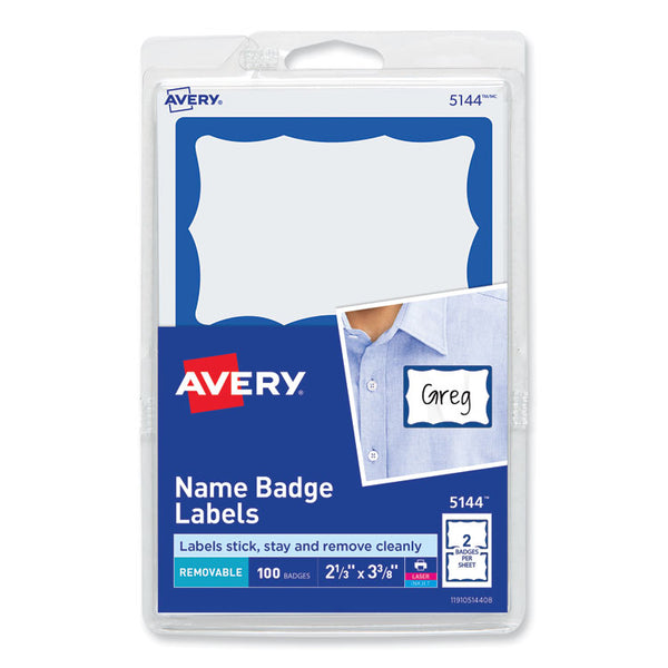 Avery® Printable Adhesive Name Badges, 3.38 x 2.33, Blue Border, 100/Pack (AVE5144)