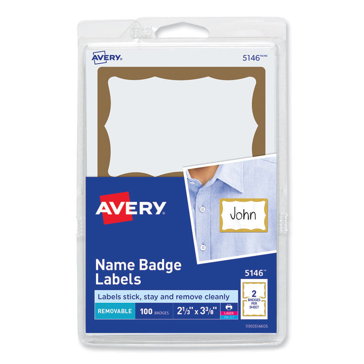 Avery® Printable Adhesive Name Badges, 3.38 x 2.33, Gold Border, 100/Pack (AVE5146)