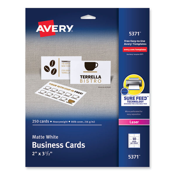 Avery® Printable Microperforated Business Cards w/Sure Feed Technology, Laser, 2 x 3.5, White, 250 Cards, 10/Sheet, 25 Sheets/Pack (AVE5371)