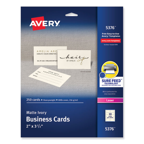 Avery® Printable Microperforated Business Cards w/Sure Feed Technology, Laser, 2 x 3.5, Ivory, 250 Cards, 10/Sheet, 25 Sheets/Pack (AVE5376)