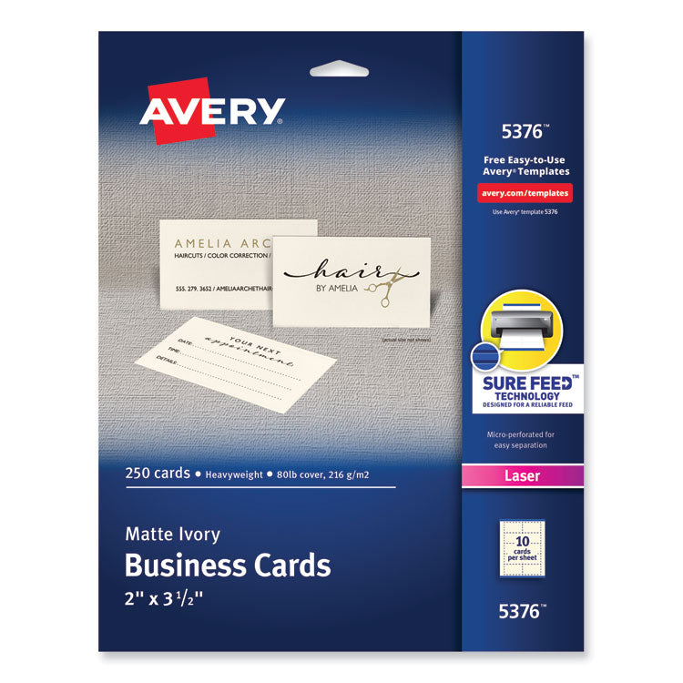 Avery® Printable Microperforated Business Cards w/Sure Feed Technology, Laser, 2 x 3.5, Ivory, 250 Cards, 10/Sheet, 25 Sheets/Pack (AVE5376)