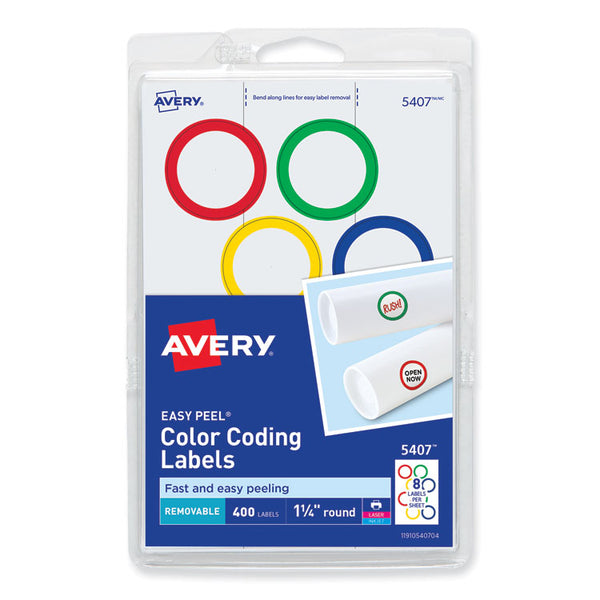 Avery® Printable Self-Adhesive Removable Color-Coding Labels, 1.25" dia, Assorted Colors, 8/Sheet, 50 Sheets/Box (AVE5407)