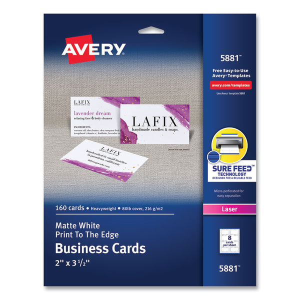 Avery® Print-to-the-Edge Microperf Business Cards w/Sure Feed Technology, Color Laser, 2x3.5, White, 160 Cards, 8/Sheet,20 Sheets/PK (AVE5881)