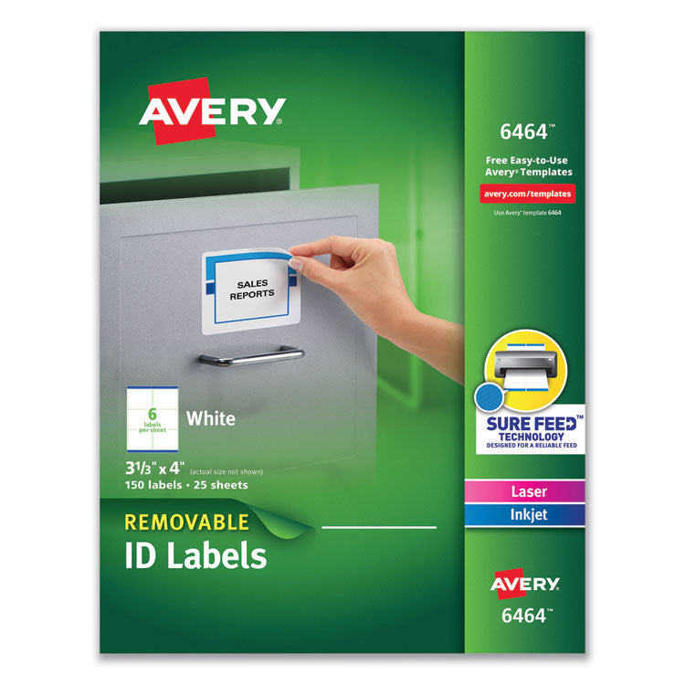 Avery® Removable Multi-Use Labels, Inkjet/Laser Printers, 3.33 x 4, White, 6/Sheet, 25 Sheets/Pack (AVE6464) Pack of 150