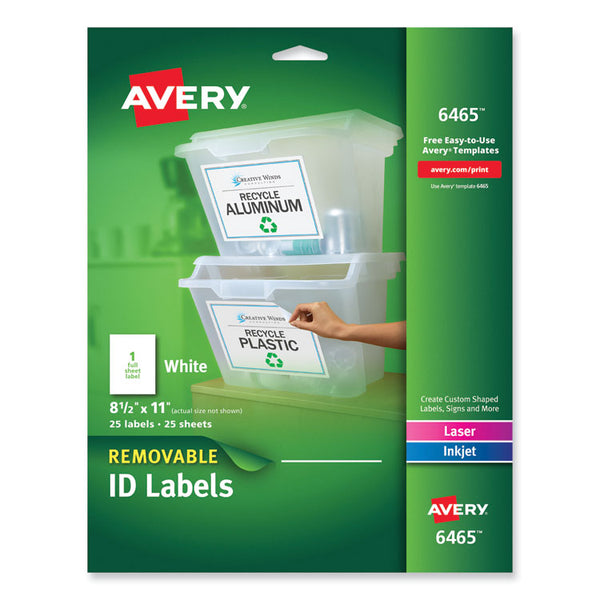 Avery® Removable Multi-Use Labels, Inkjet/Laser Printers, 8.5 x 11, White, 25/Pack (AVE6465)