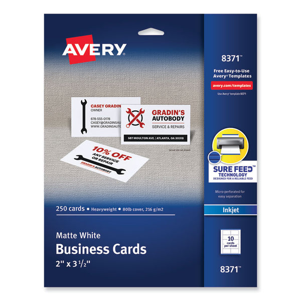 Avery® Printable Microperforated Business Cards w/Sure Feed Technology, Inkjet, 2 x 3.5, White,  250 Cards, 10/Sheet, 25 Sheets/Pack (AVE8371)