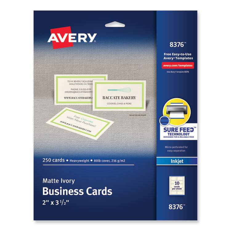 Avery® Printable Microperforated Business Cards w/Sure Feed Technology, Inkjet, 2 x 3.5, Ivory, 250 Cards, 10/Sheet, 25 Sheets/Pack (AVE8376)