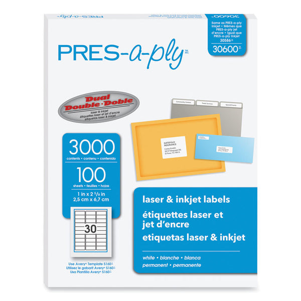 PRES-a-ply® Labels, Laser Printers, 1 x 2.63, White, 30/Sheet, 100 Sheets/Box (AVE30600) Box of 3000