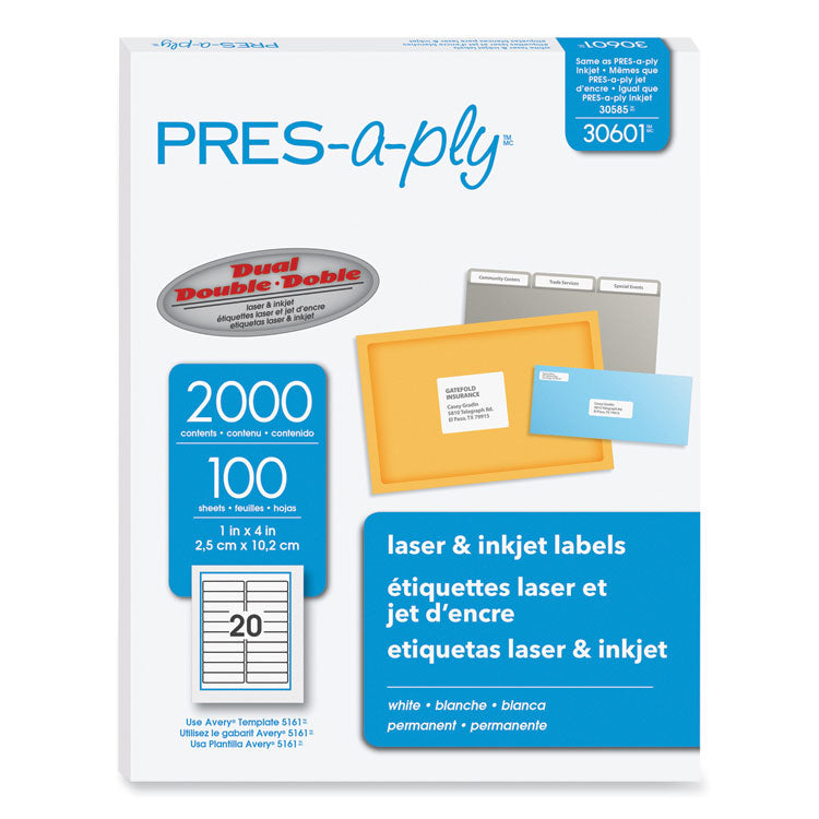 PRES-a-ply® Labels, Laser Printers, 1 x 4, White, 20/Sheet, 100 Sheets/Box (AVE30601) Box of 2000