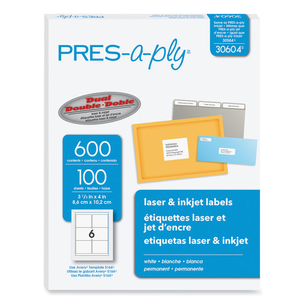 PRES-a-ply® Labels, Laser Printers, 3.33 x 4, White, 6/Sheet, 100 Sheets/Box (AVE30604) Box of 600