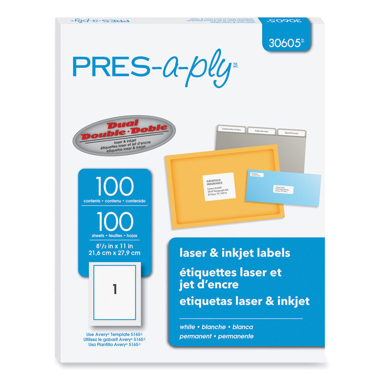 PRES-a-ply® Labels, Laser Printers, 8.5 x 11, White, 100/Box (AVE30605) Box of 100