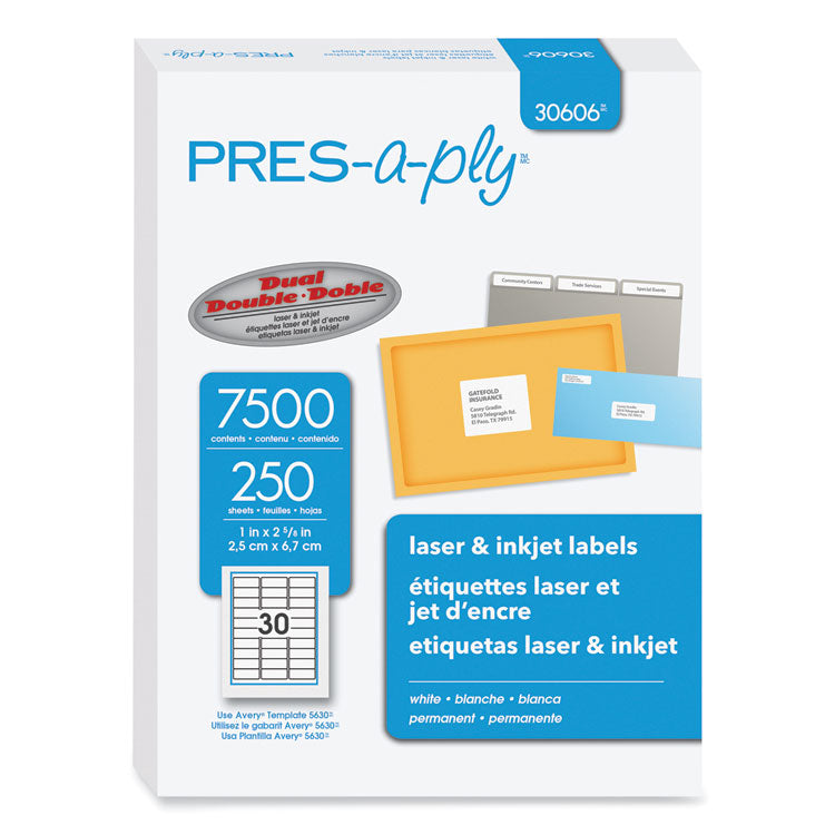 PRES-a-ply® Labels, Laser Printers, 1 x 2.63, White, 30/Sheet, 250 Sheets/Box (AVE30606) Box of 7500