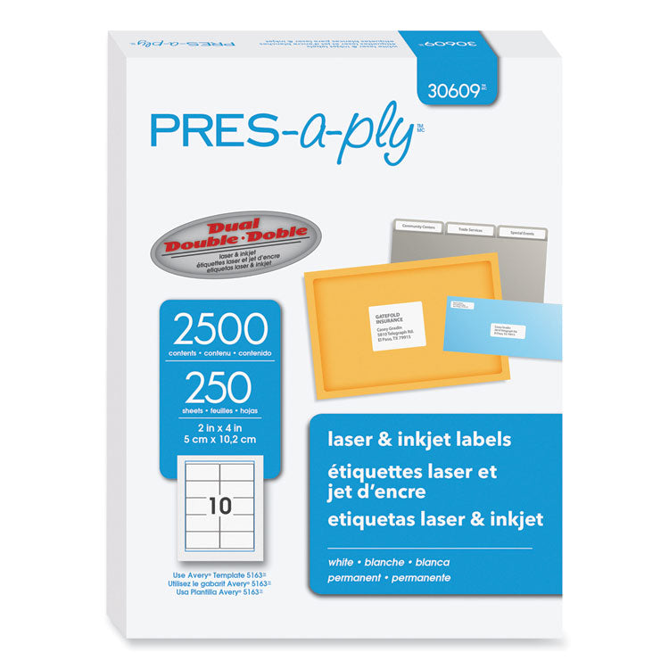 PRES-a-ply® Labels, Laser Printers, 2 x 4, White, 10/Sheet, 250 Sheets/Box (AVE30609)