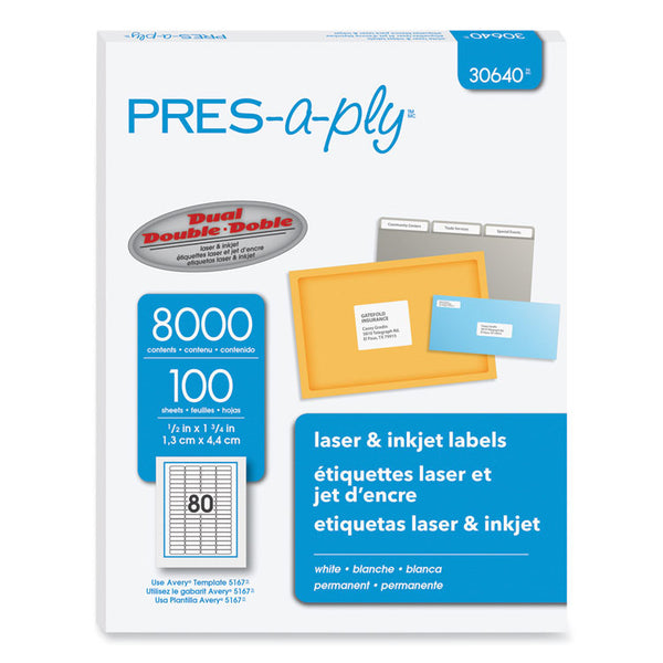 PRES-a-ply® Labels, Inkjet/Laser Printers, 0.5 x 1.75, White, 80/Sheet, 100 Sheets/Pack (AVE30640)