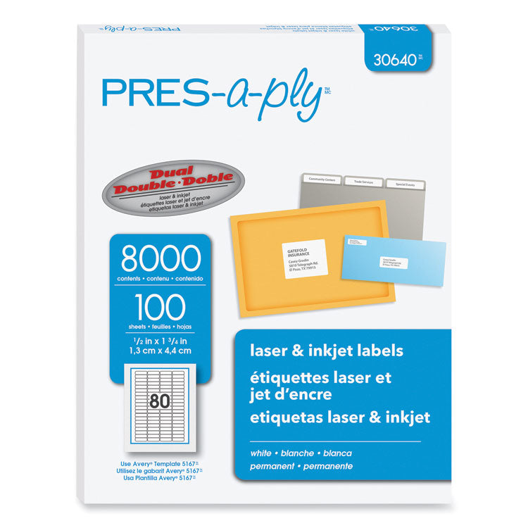 PRES-a-ply® Labels, Inkjet/Laser Printers, 0.5 x 1.75, White, 80/Sheet, 100 Sheets/Pack (AVE30640) Each