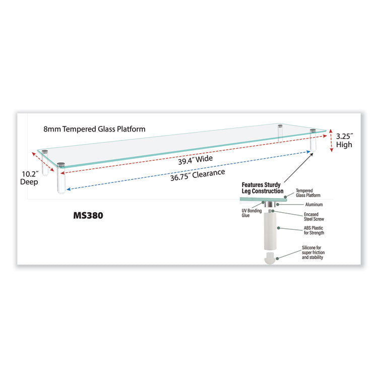 Kantek Extra Wide Glass Monitor Riser, 39.4" x 10.2" x 3.25", Clear, Supports 60 lbs (KTKMS380) Each