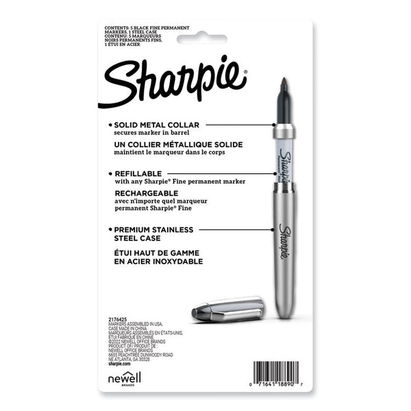 Sharpie® Fine Tip Permanent Marker, Stainless Steel Single Marker Case, Fine Bullet Tip, Black, 5/Pack (SAN2135418)