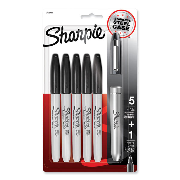 Sharpie® Fine Tip Permanent Marker, Stainless Steel Single Marker Case, Fine Bullet Tip, Black, 5/Pack (SAN2135418)