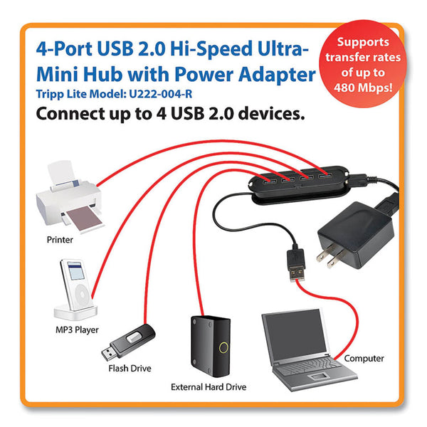 Tripp Lite USB 2.0 Ultra-Mini Compact Hub with Power Adapter, 4 Ports, Black (TRPU222004R) Each