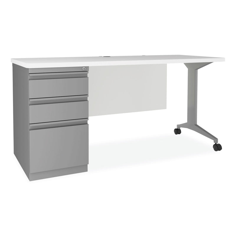 Alera® Modern Teacher Series Pedestal Desk, Left-Side Pedestal: Box/Box/File, 60" x 24" x 28.75", White/Silver (ALEMSD6024WH)