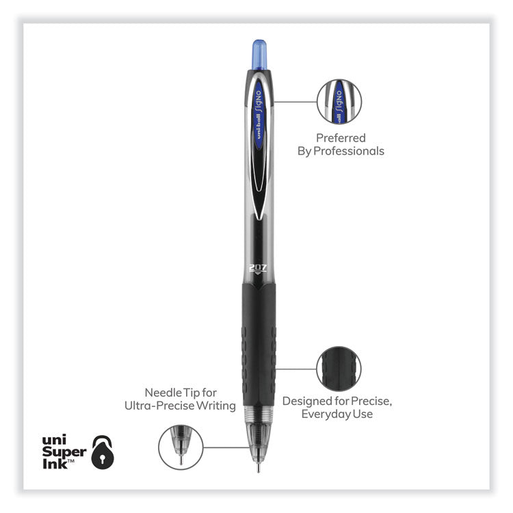 uniball® Signo 207 Needle Point Gel Pen, Retractable, Medium 0.7 mm, Blue Ink, Clear/Black/Blue Barrel, Dozen (UBC1736098) 1 Dozen