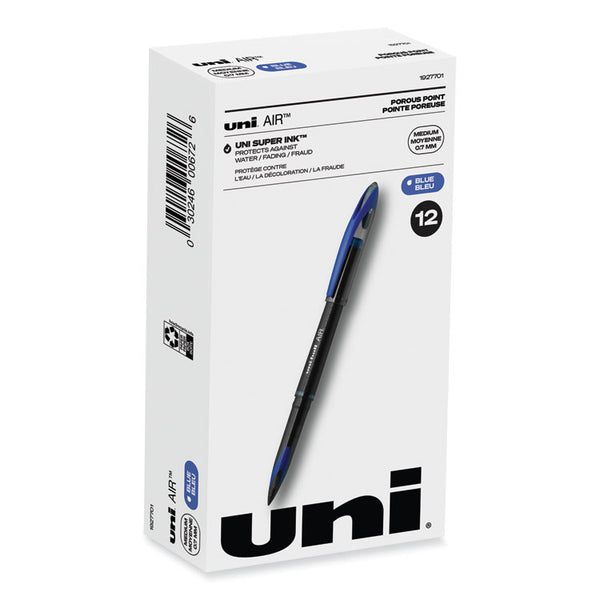 uniball® AIR Porous Roller Ball Pen, Stick, Medium 0.7 mm, Blue Ink, Black/Blue Barrel, Dozen (UBC1927701)