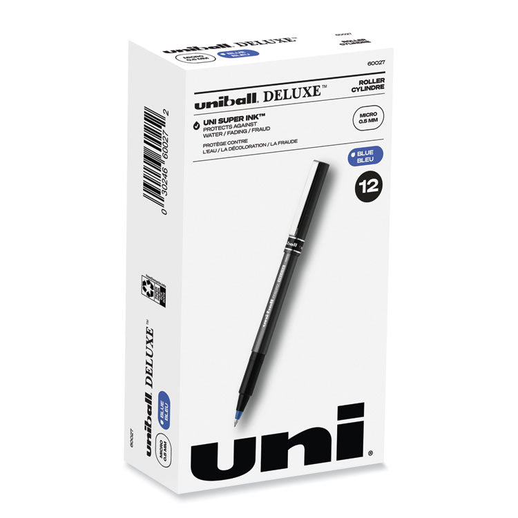 uniball® Deluxe Roller Ball Pen, Stick, Extra-Fine 0.5 mm, Blue Ink, Metallic Gray/Black/Blue Barrel, Dozen (UBC60027) 1 Dozen