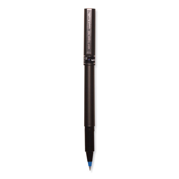 uniball® Deluxe Roller Ball Pen, Stick, Extra-Fine 0.5 mm, Blue Ink, Metallic Gray/Black/Blue Barrel, Dozen (UBC60027)