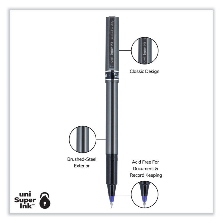 uniball® Deluxe Roller Ball Pen, Stick, Extra-Fine 0.5 mm, Blue Ink, Metallic Gray/Black/Blue Barrel, Dozen (UBC60027) 1 Dozen
